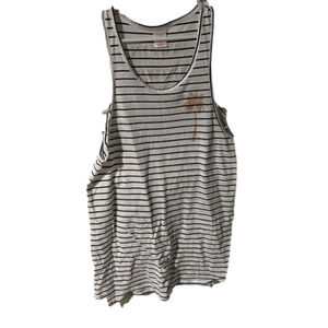 White tank top with black striped with palm tree design. “warm waves lazy days”